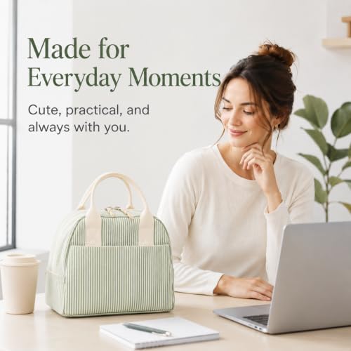 LOVELYWIND Lunch Box for Women, Insulated Lunch Bag, Green Stripe Tote | Fresh Green Stripe Design, Stylish Lunch Tote Style for Women, Perfect for Office Work, Daily Meals & Everyday Carry Use - View 4