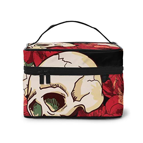 Preisvergleich Produktbild Multifunktions-Reise-Kosmetiktasche mit Totenkopf und Blumen, nahtlos, großes Fassungsvermögen