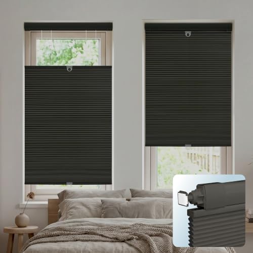 DEZ FURNISHINGS EZ Grip PRO Plus No Tools No Drill Cordless 1" Blackout Top Down Bottom Up Cellular Shade, Inside Mount Tension Shade with Aluminum Rails, 29.5" W x 64" H, Black