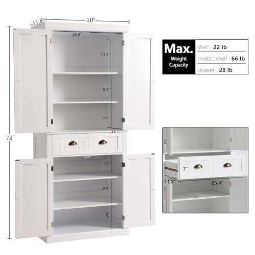 KIGOTY Kitchen Pantry Dining Cabinet Storage Pantry with Drawer and Adjustable Shelves for Living Room,Bathroom or Hallway (White, 72“H)