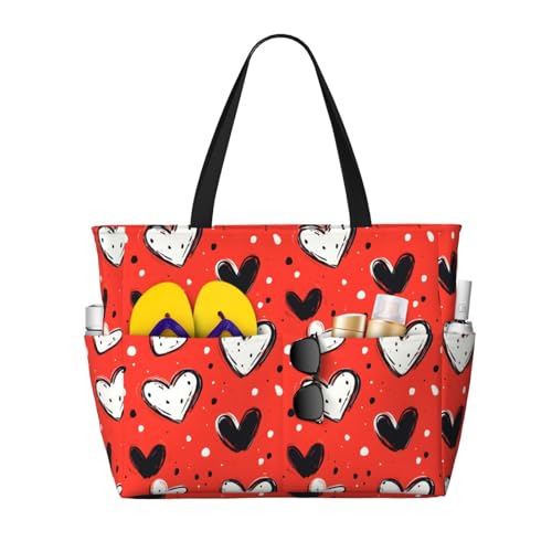 Large Beach Bags for Women Sandproof - Heart Black White Print Summer Work Travel Tote Bags with Zipper