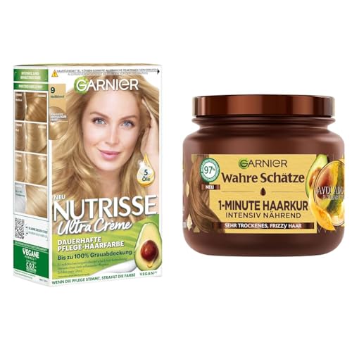 Garnier Colorations- & Pflegeset: Nutrisse Haarfarbe 090 Light Blond + Wahre Schätze Haarkur (340ml) - Mit Avocadoöl & Shea Butter, Für trockenes & frizzy Haar, Vegane Pflege, Anti-Frizz