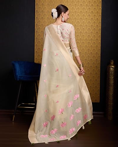 Image of SWORNOF Womens Linen Silk Saree | Saree for Women With Unstitched Blouse | Saree with Blouse Piece | Soft and Skin Friendly