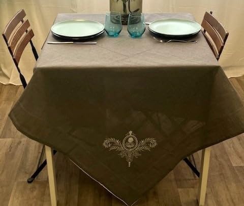 Tovaglia ricamata rettangolare grigia 160 x 300 cm, tovaglia in lino misto, motivo ricamo monogramma, tovaglia molto facile per la stiratura, tovaglia shabby charme, tovaglia francese Style,