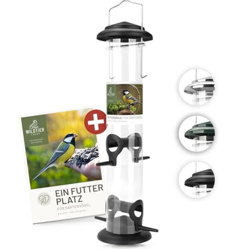 WILDTIER LIEBE Korner Mangeoire pour oiseaux 38 cm, noir, en métal inoxydable, mangeoire pour oiseaux, colonne, silo d'alimentation pour oiseaux sauvages,...