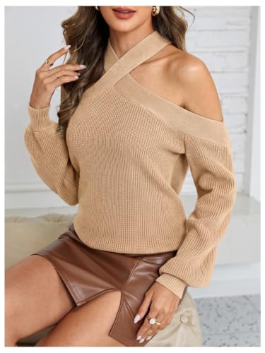Image of MakeMeChic Women's Off The Shoulder Sweater Halter Criss Cross Pullover | Cozy, Knitted, Sweaters Tops, Long Sleeve, Fall Outfits, Winter Sweaters, Party, Knit Tops