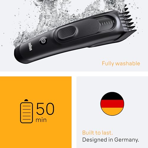 Braun Haarschneider Series 5, Haarschneidemaschine und Rasierapparat für Herren, Haartrimmer mit Ultrascharfe Klingen, 17 Längen, 3 Zubehörteile, 50 Min. Akku, Abwaschbar, HC5530, Schwarz