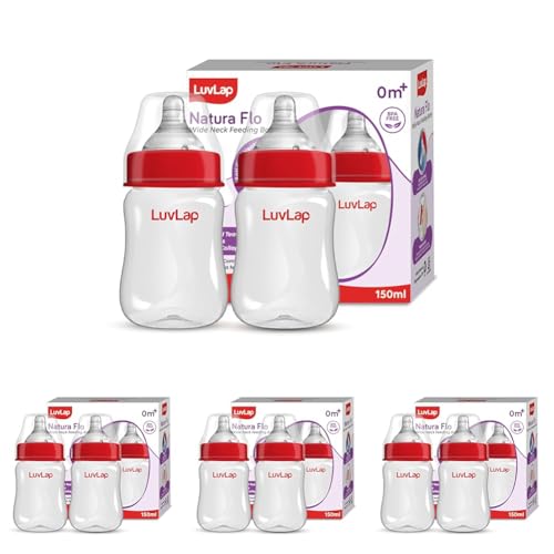 Image of LuvLap Anti-Colic Wide Neck Natura Flo Baby Plastic Feeding Bottle, 150Ml (Pack of 8), New Born /Infants /Toddler Upto 3 Years, BPA Free