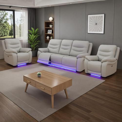 SIENWIEY Leather Power Recliner Sofa Set with LED Light, Recliner Sofa and Two Chair Set for Living Room 3 Pieces, Power Reclining Sofa Couch Set with USB Charging，Sofa and Chair*2