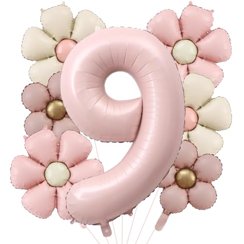 DazzJoy Geburtstagsdeko 9 Jahre Mädchen mit Gänseblümchen Folienballon, Luftballon 9 Jahre Mädchen, Ballon 9 Geburtstag Mädchens, Luftballons Zahl 9 Rosa für Kindergeburtstag Deko