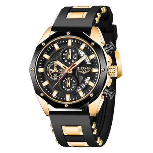 LIGE Herren Uhren | Armbanduhr Herren wasserdichte Retro Uhr Leuchtendes Chronograph Schwarz Silikonarmband Quarz Analog Herrenuhren mit Datum Vintage Watches Geschenk für Männer,Gold Schwarz