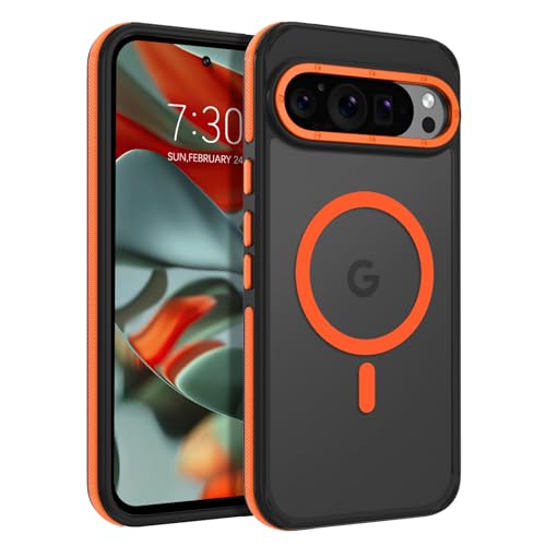 VENINGO Magnetic for Google Pixel 9 Pro XL Case Upgraded[14FT Military Grade Protection][Fit for MagSafe] Slim Translucent Matte Shockproof Phone Case with Side Grippy Stripes Orange