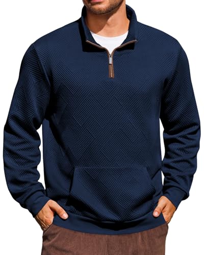 Yousify Mens Quarter Zip Sweatshirts Long Sleeve Stand Collar Casual Pullover Texture Fall Sweatshirt With Pocket