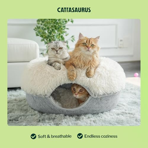 Image of CATTASAURUS Peekaboo Cat Cave for Multiple & Large Cats Up to 30-45 Lbs, Fluffy Cat Beds for Indoor Cats, Scratch Detachable & Washable Tunnel Bed, Comfy Donut Cave (Light Gray, Large (Calming))