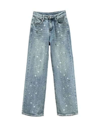 Women's High Waist Washed Rhinestones Jeans Summer Loose All-Matching Straight-Leg Pants