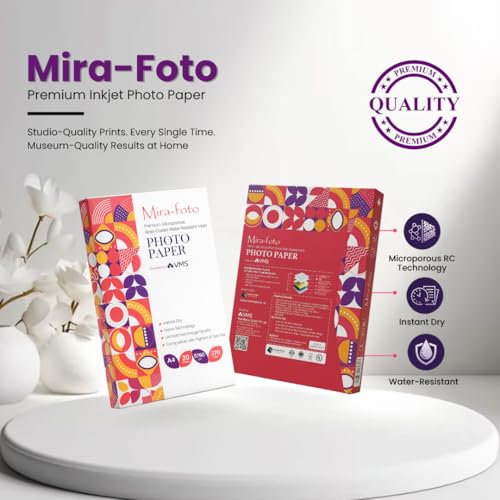 Image of Mira-Foto A4 Photo Paper 270 GSM (20 Sheets) | 5760 DPI Premium Glossy Inkjet Paper | Instant Dry, Water-Resistant | Microporous RC Technology | Dye & Pigment Compatible