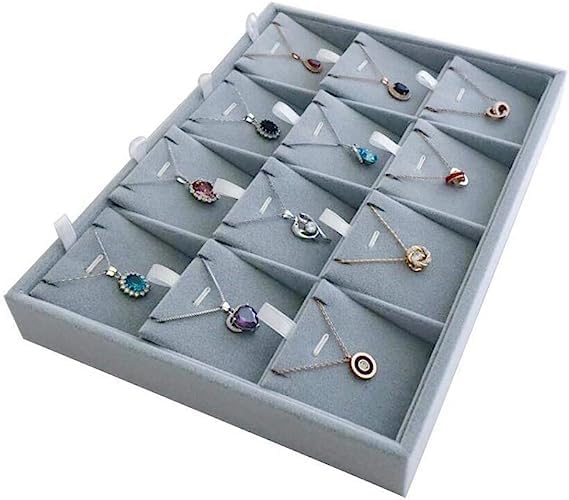 Image of 12 Slot Pendant Earring Card Tray Grey Velvet Jewelry Drawer Organizer Tray Stackable