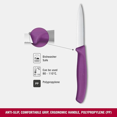 Image of Victorinox Swiss Made, Stainless Steel Swiss Classic Paring Knife, 8 cm, Wavy Edge with Pointed Tip, Professional and Household Use, Kitchen Tools & Items, Purple, 6.7635.C1 | Multipurpose Knife