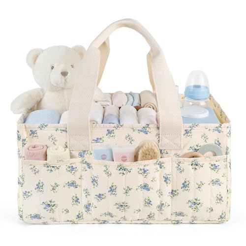 NADSSJL Wickeltisch-Organizer, Wickelkorb für die Wickelstation, Stilvoller Wickelorganizer für Babybedarf, Unverzichtbares Geschenk zur Geburt und für die Baby-Wunschliste, Kleine blaue Blumen
