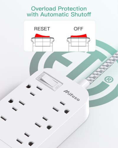 Image of Power Strip - 15 Feet Long Flat Plug Extension Cord, 6 Outlets, 3 USB Ports, Outlet Extender with Overload Protection, Wall Mounted, Power Station