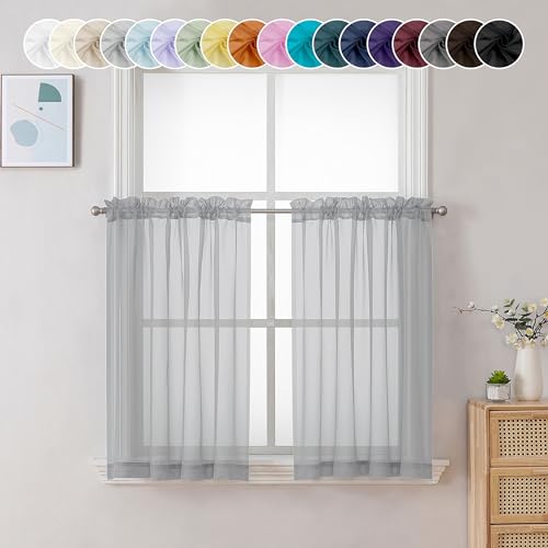 Image of Chyhomenyc Light Grey Sheer Curtains 36 inch Length 2 Panels, Light Filtering Voile Rod Pocket Short Window Curtians for Bathroom Living Room Farmhouse Small Windows, 42Wx36L inches
