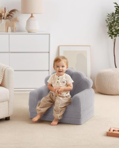 Image of Blissful Diary Foldable Kids Couch, 2-in-1 Kids Sofa Chair, Gray Shell | 50.8 inch Fold-Out Play Area, Supportive Foam, Washable Cover, Carry Handle, Pre-Assembled, Kid-Safe Zipper