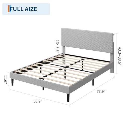 Image of GarveeLife Corduroy Upholstered Platform Bed Frame with USB Charging Station, Adjustable Storage Headboard, Wooden Slat Support, No Box Spring Needed, Easy Assembly,Full Light Gray