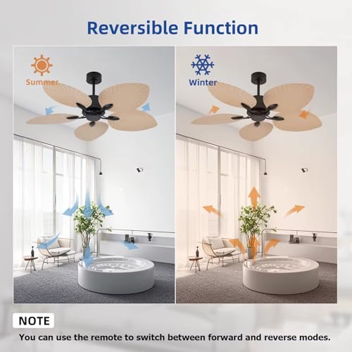 Image of Tropical Palm Leaf Ceiling Fan, 52-Inch, Black Mount with Cream Blades, Indoor Coastal Style, Remote Control|Twilight