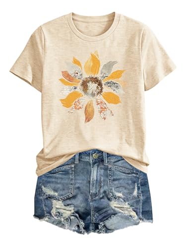 Image of Anbech Womens Dandelion Graphic T-Shirts Teen Girls Cute Sunflower Print Casual Tee Tops