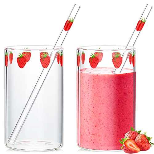 Tessco for you 2 Sets Strawberry Cups Strawberry Glass Cup with Straw Glass Tumbler Drinking Cherry Clear Tumbler Berry Pattern Glasses Bottle for Juice Water Milk Coffee Tea(Lovely)