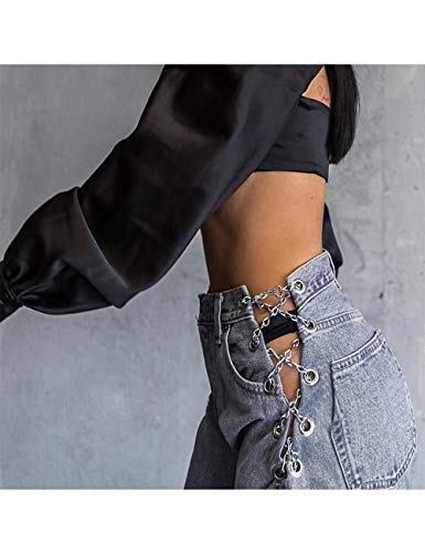 xxxiticat Women's Chain Lace Up Denim Pants High Waist Slim Fit Skinny Bandage Cutout Hollow Out Jeans Trousers4