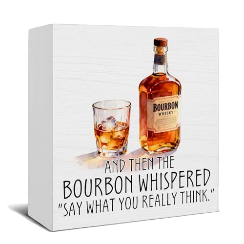 HSIASHENG Bourbon Whiskey Bar Wooden Box Sign, Whiskey Lover Drinker Gifts, And Then the Bourbon Whispered Wood Signs for Bar Cart Pub Home Kitchen Desk Table Shelf Decor, 5x5 Inch