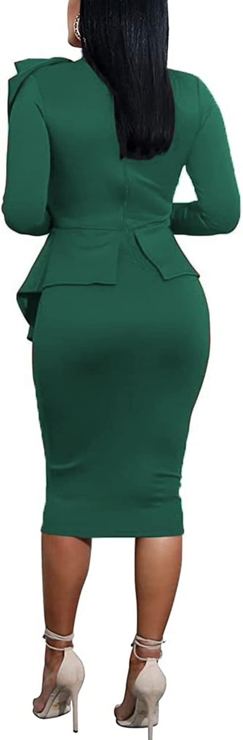 Women's Peplum Bodycon Long Sleeve Wear to Work Dresses Bow Party Club Ruffle Formal Cocktail Pencil Dress - Image 5