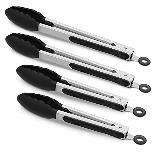 4 Pack of Black Kitchen Tongs: Premium Silicone BPA Free Non-Stick Stainless Steel BBQ Cooking Tongs, 9-Inch & 12-Inch Sizes