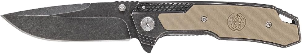 Smith & Wesson SW609 8.3in High Carbon S.S. Folding Knife with 3.6in Drop Point Blade and Stonewashed G-10 Handle for Outdoor, Tactical, Survival and EDC