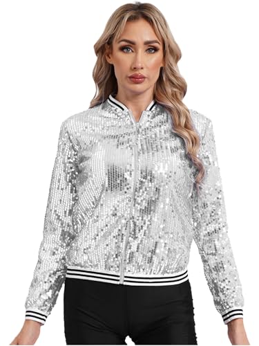Women Girl's Sparkly Sequin Long Sleeve Baseball Collar Zip Up Striped Trim Bomber Jacket