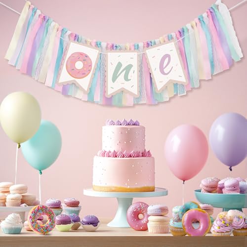 Image of Kriyokiaa Donut Highchair Banner 1st Birthday Girl Sweet One Birthday Party Decorations Rainbow High Chair Banner Photo Background