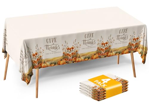 Image of ATFUNSHOP Fall Thanksgiving Tablecloth 4 Packs 54x108 Plastic Disposable Thanksgiving Table Cloth Rectangle Fall Tablecover for Holiday Dinner Party Decorations Outdoor Picnic & Baby Showers