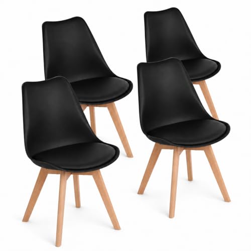 EGGREE - Lot de 4 chaises pour salle à manger/bureau, avec pieds en hêtre massif, sans accoudoirs, rembourrées, au design pour un confort maximum, noir