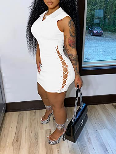 Topsrani Womens Bodycon Mini Dress Casual Short Summer Lace Up Drawstring Cutout Sleeveless Solid Night Club Party Sexy White M #TOP5