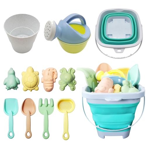 Yhjxly Juego de 11 juguetes de playa para niños, incluye cubo plegable, pala, rastrillo, moldes y más, ideal para playa y verano