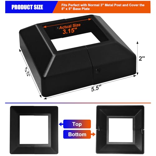 Image of Aluminum Split Post Base Cover fit 3 inch Post, Decorative Square Railing Base Trim, Post Base Plate Cover, Fence Post Flange Skirt for Patio, Porch, Stair, and Railing Systems, Textured Black (24)