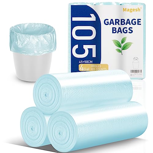 Magesh 4 Gallon Small Trash Bags- 4 Gallon Trash Bag Strong, Leakage-Free, Small Garbage Bags 4 Gallon Unscented Thick for Bathroom, Office, Kitchen Small Trash Can, 15L, 105 Bags, Blue