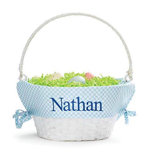 Personalized Easter Egg Basket with Handle and Custom Name | Blue Gingham Easter Basket Liners | White Basket | Woven Easter Baskets for Kids and Adults | Customized Easter Basket | Gift for Easter