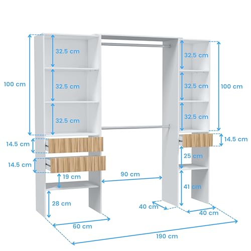 Habitdesign Mobile cabina armadio Ethna per camera da letto in bianco Artik e Natur Stile moderno, 190 x 187 x 40 cm - 9
