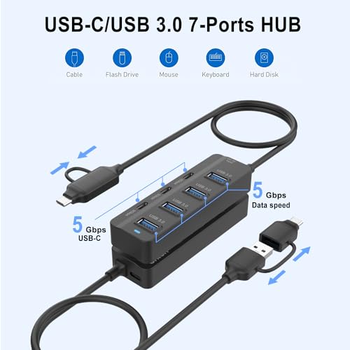 USB C Hub, 5Gbps 7 Ports USB 3.0, USB Hub with USB C Long Cable USB Splitter Multiport Adapter Compatible with Thunderbolt3/4,MacBook, iMac, Surface Pro by HORNORM - Image 6