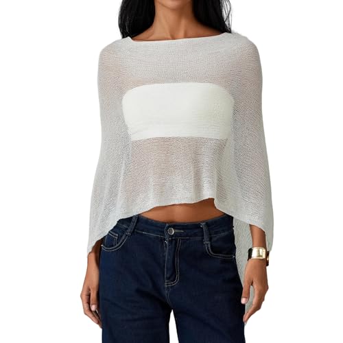 Geagodelia One Side Off the Shoulder Sheer Knit Poncho Tops for Women Sexy See Through Asymmetrical Cape Shawl Crochet Beach Cover Up Summer Lightweight Bolero Shrug (White, One Size)