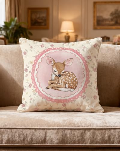 Throw Pillow Cover 18x18 Inch – Vintage Coquette Pink Floral Deer...