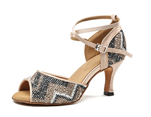 Minishion GL247 Women's Cross Strap Nude Glitter Latin Dance Shoes Party Sandals US 4.5