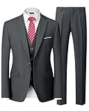 YND Men's Slim Fit 3 Piece Suit Set, One Button Solid Blazer Vest Pants with Tie, for Wedding Party Proms and Business, Deep Grey